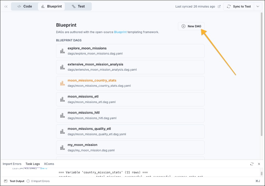 Astro IDE Blueprint Dag list with New DAG and the onboarding project Dags.