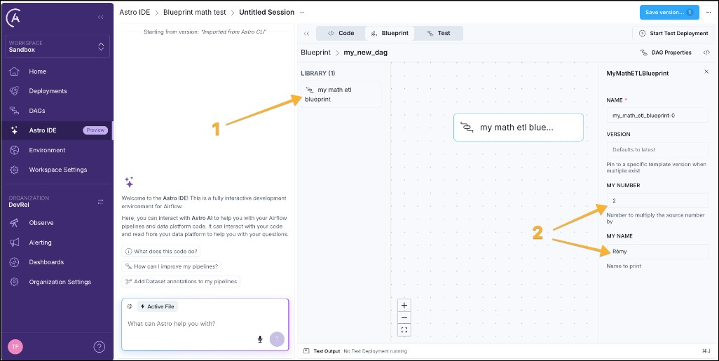 Astro IDE Blueprint with MyMathETLBlueprint in the library and My Number and My Name in the configuration form.