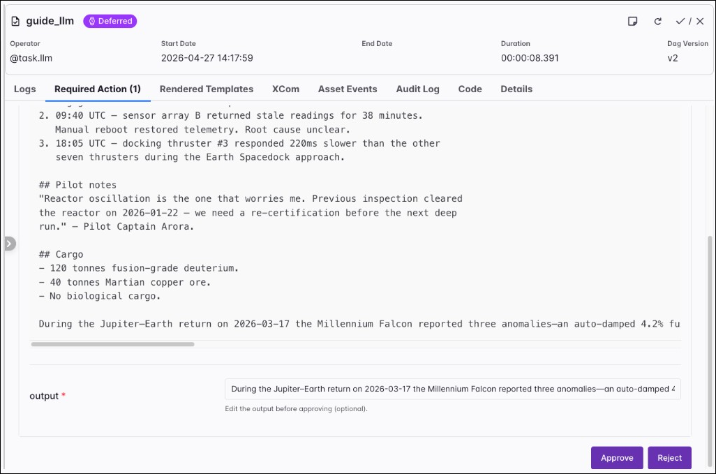 Airflow UI for a deferred llm task instance on the Required Action tab: Markdown model output (events, pilot notes, cargo), an editable output field with optional edits before approval, and Approve and Reject controls.