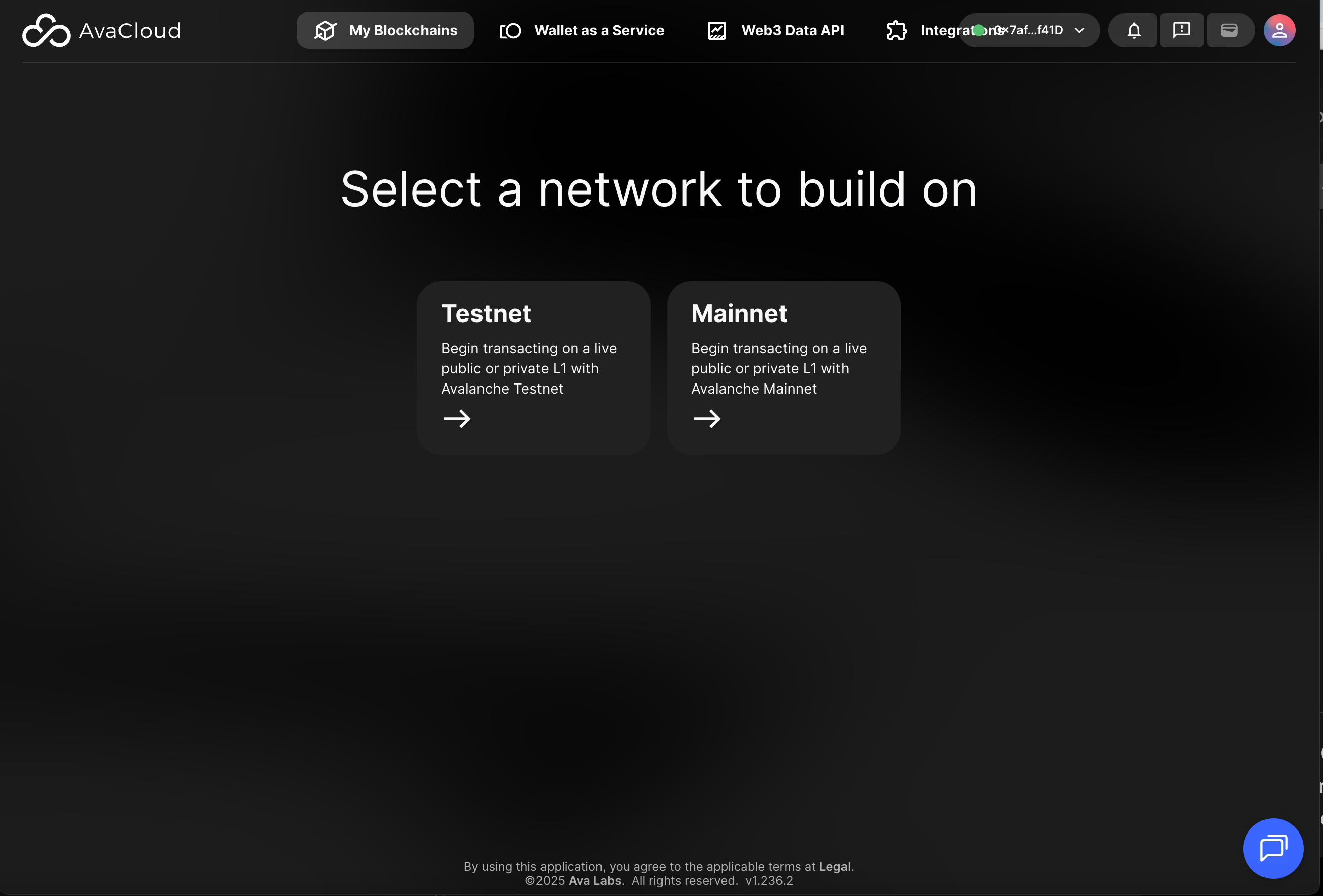 AvaCloud dashboard after login