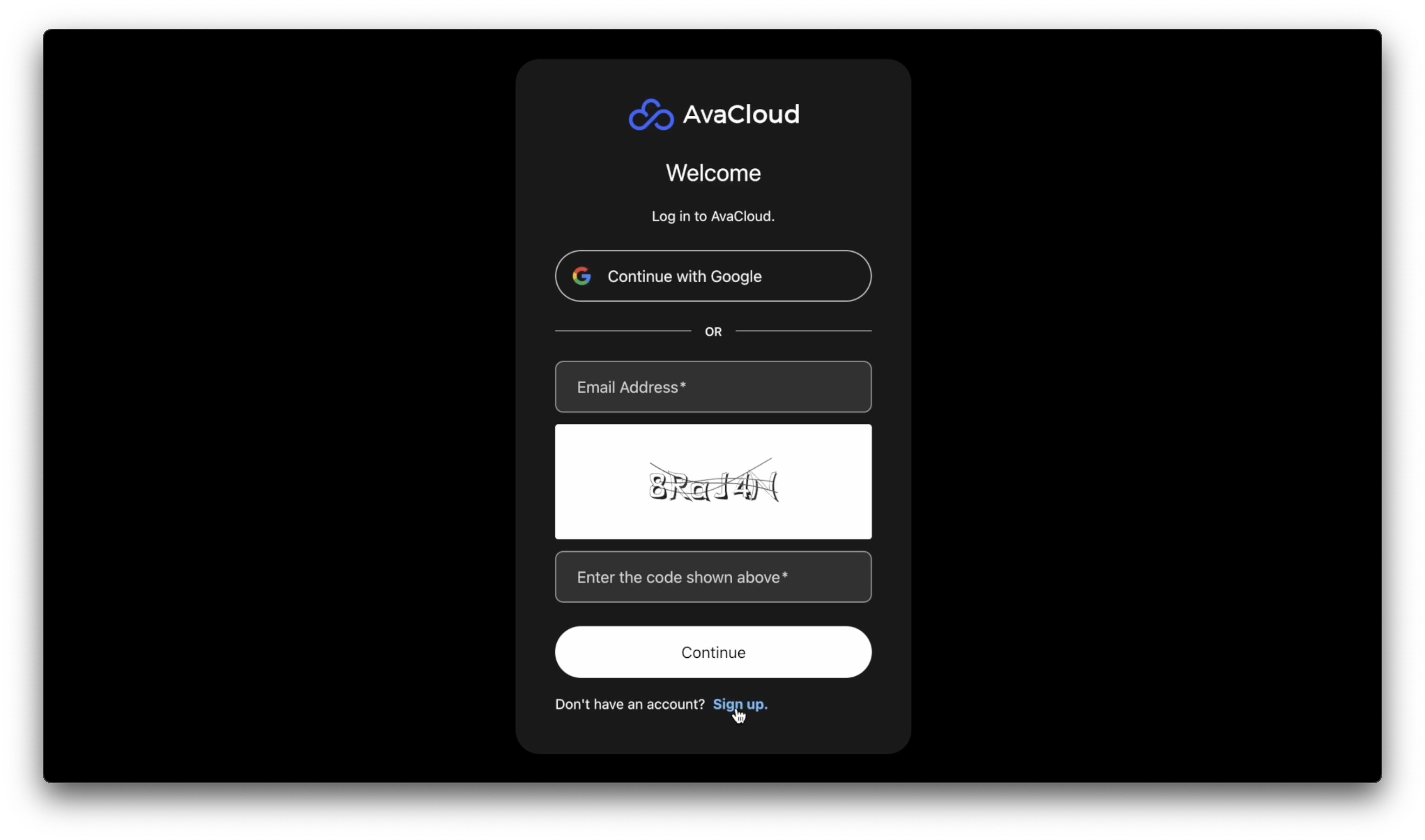 AvaCloud sign up homepage