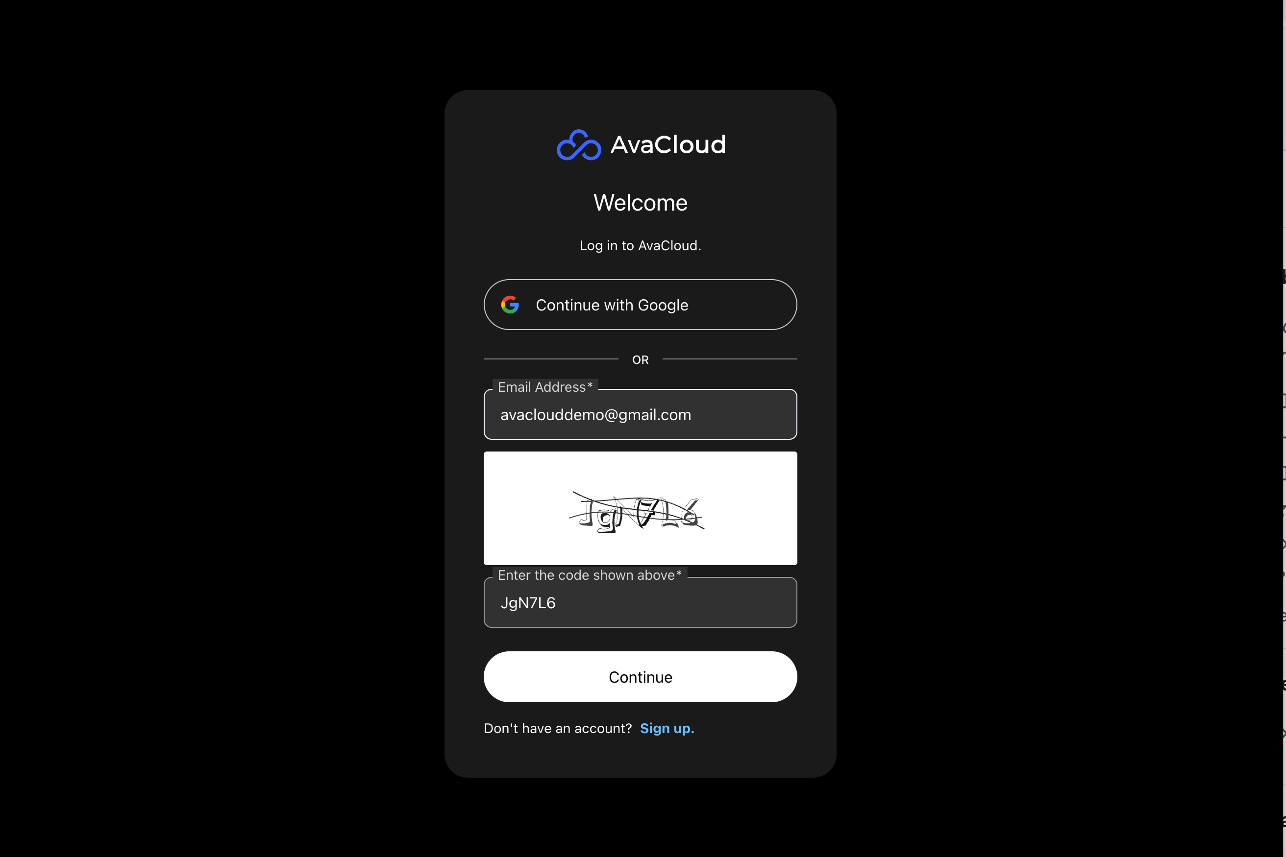 AvaCloud login page