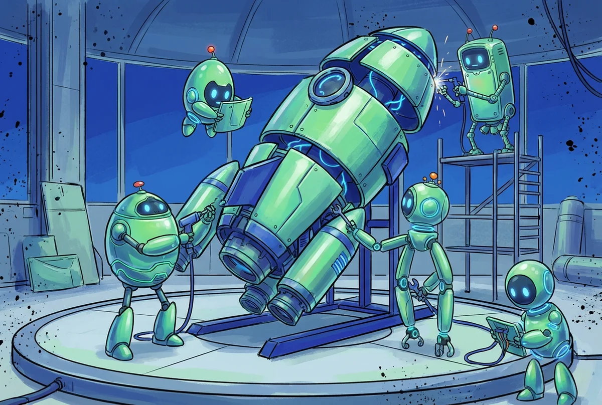 Multiple agents building large rocket in hangar