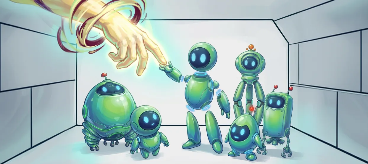 Human hand reaching toward a group of agents