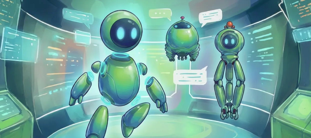 Agents conversing in a futuristic corridor