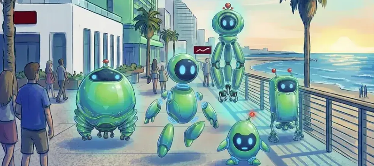 Agents and humans walking along a beachfront promenade