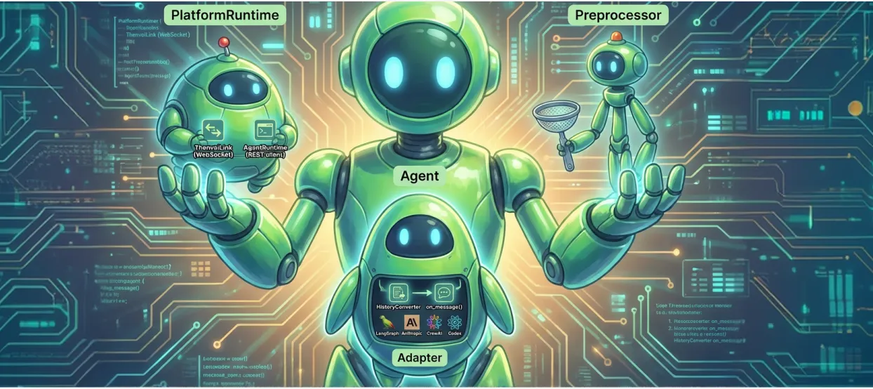 Agent architecture with Platform Runtime, Preprocessor, and Adapter layers