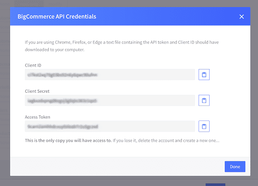 API credentials dialog