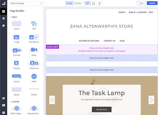 Page Builder displaying three regions including one global region