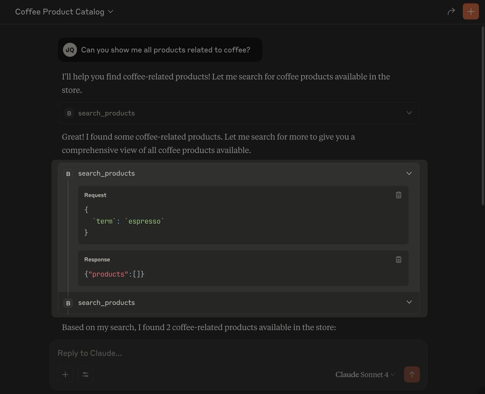 Expanded view showing the search_products request body and matching product results