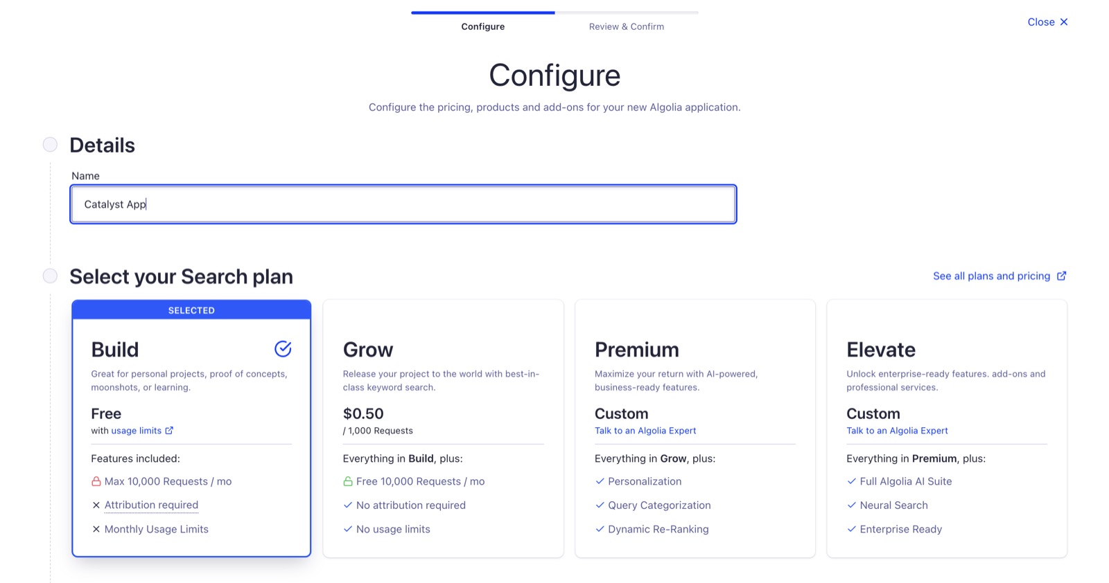 Create new algolia application