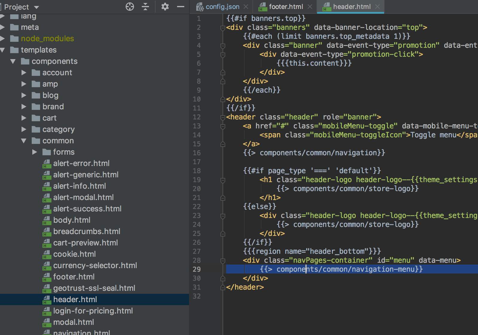 Navigation menu snippet location
