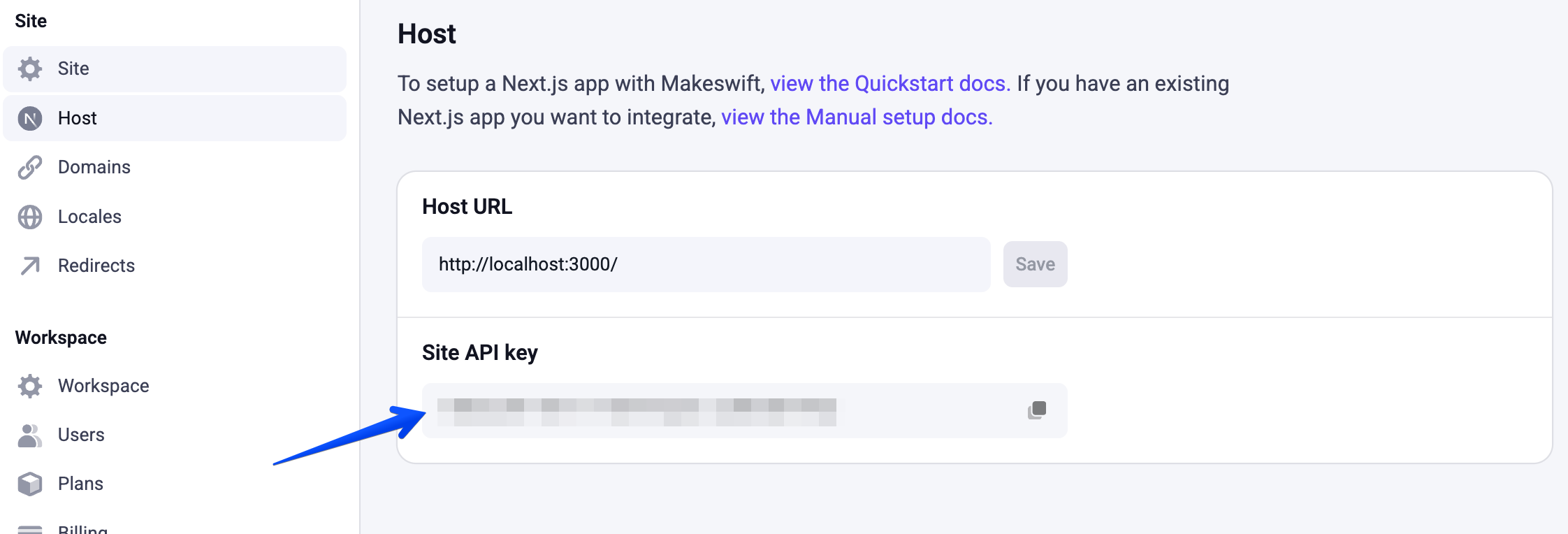 The API key in Makeswift site settings