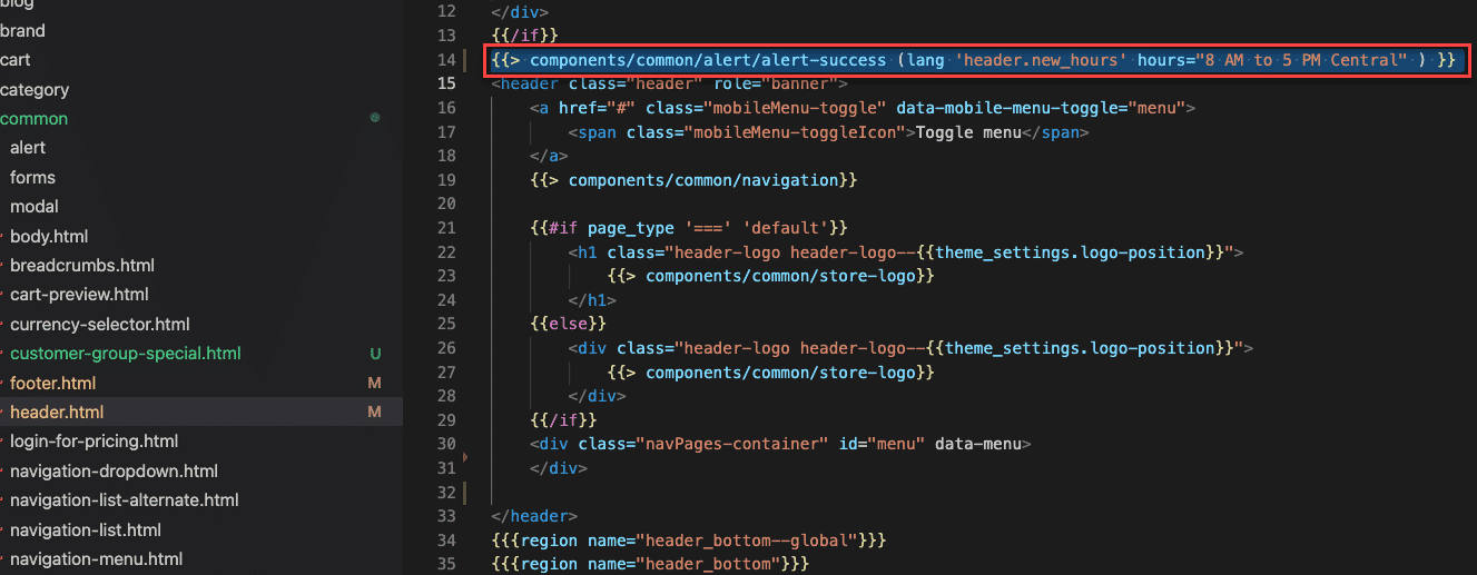 Adding the new hours component to the header template