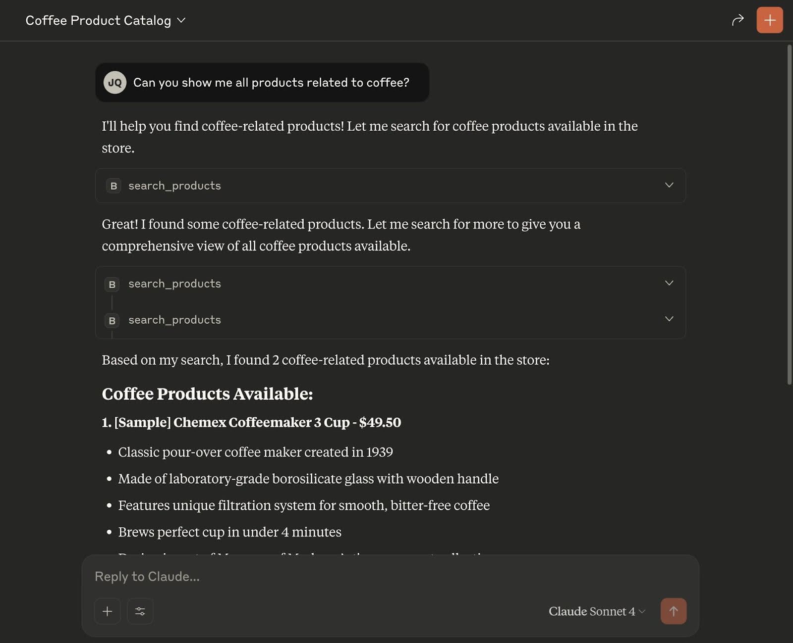 Claude's response showing search_products was called with the term espresso