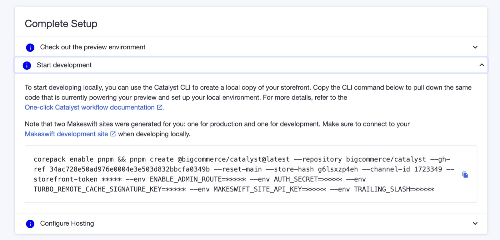 Cataylst storefront dashboard showing a complete setup section which includes a terminal command.
