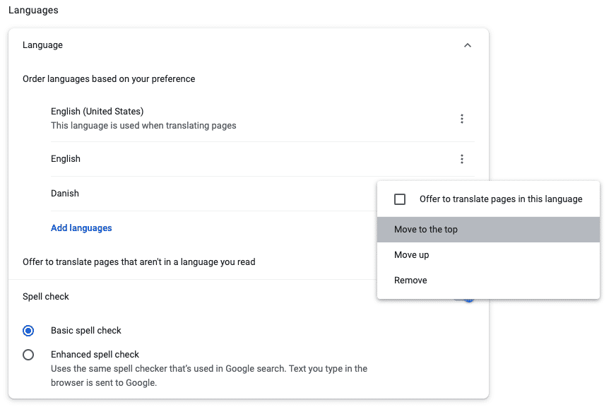 Chrome language settings with Danish added