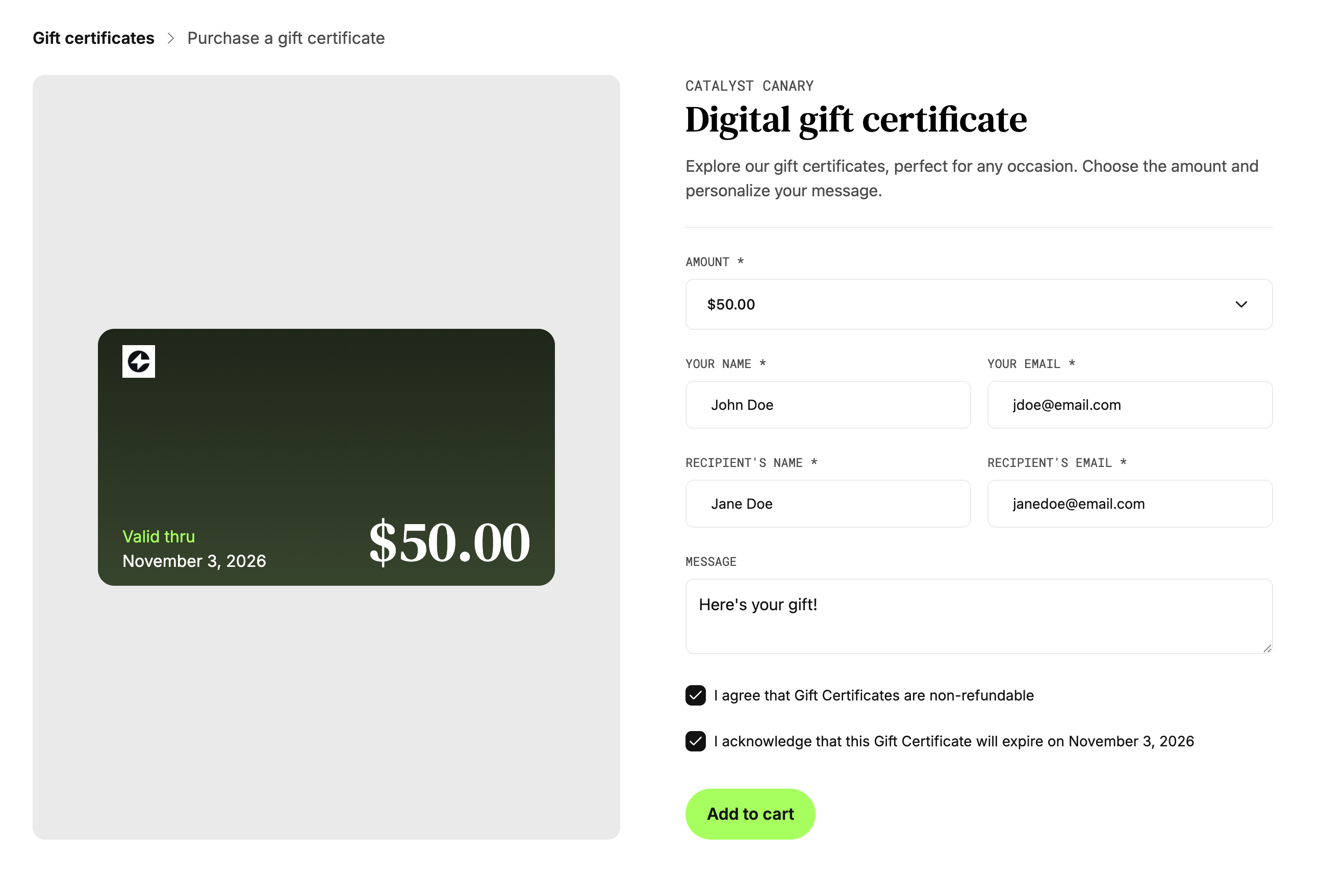 Gift Certificate Preview