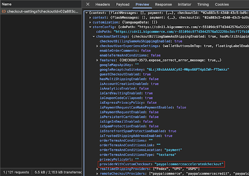 Checkout-settings request with the providerWithCustomCheckout field