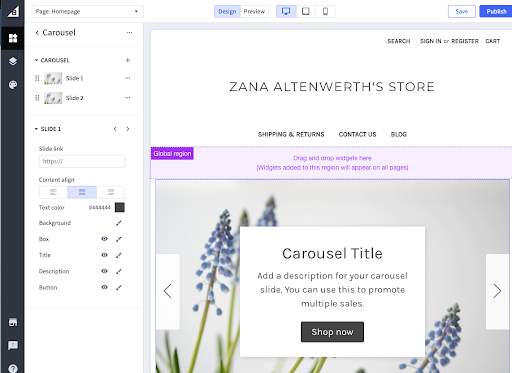Widget template schema settings after adding a Carousel widget to the page