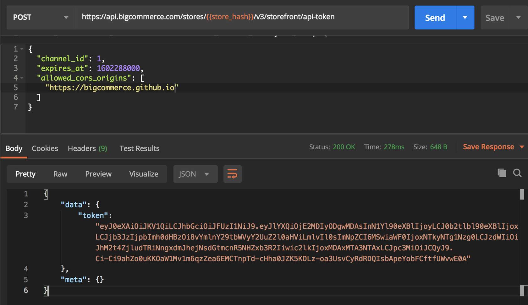 Example request and response - Create a Token