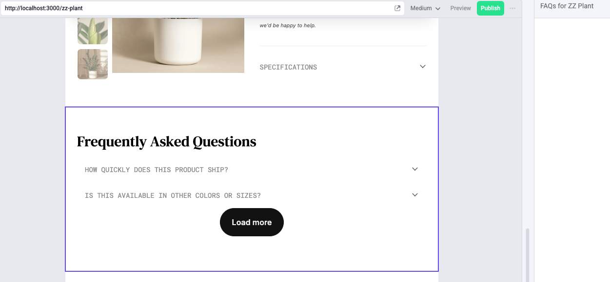 Selecting the FAQ component in the editor