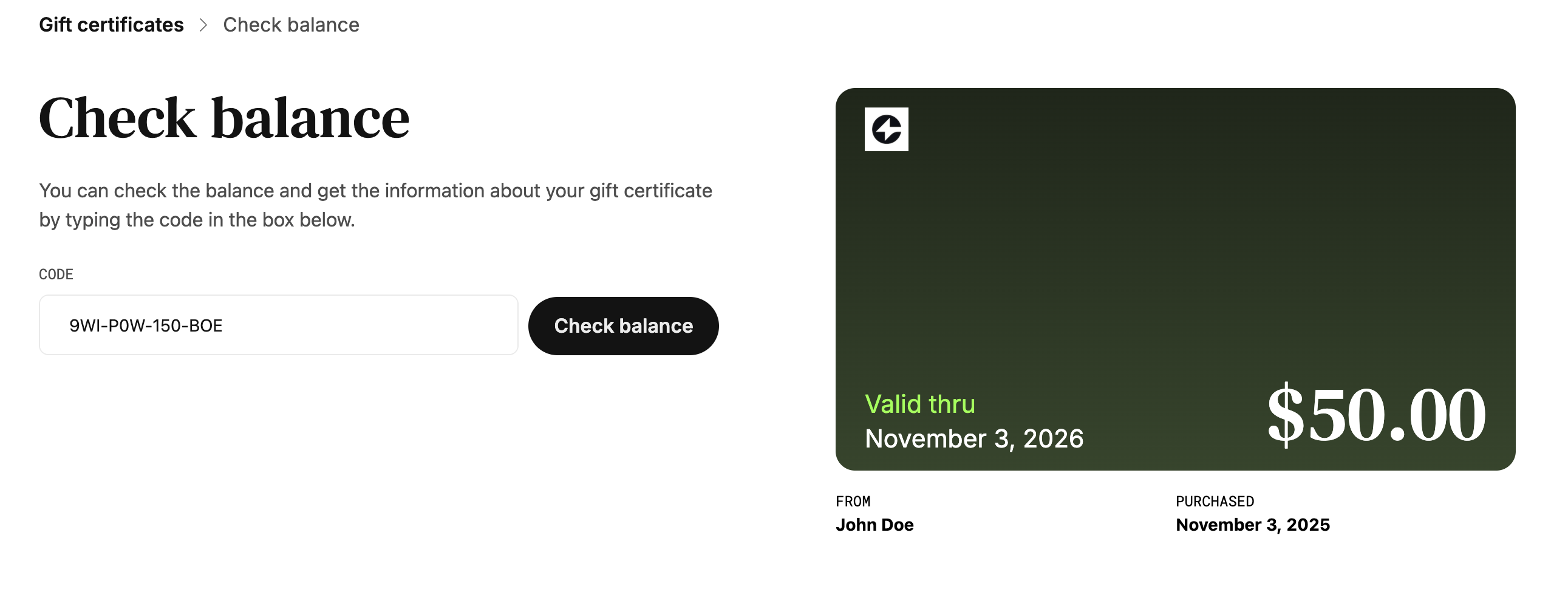 Gift Certificate Balance