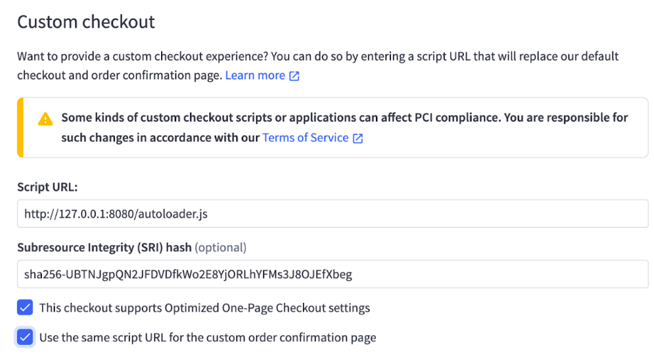 Custom checkout settings