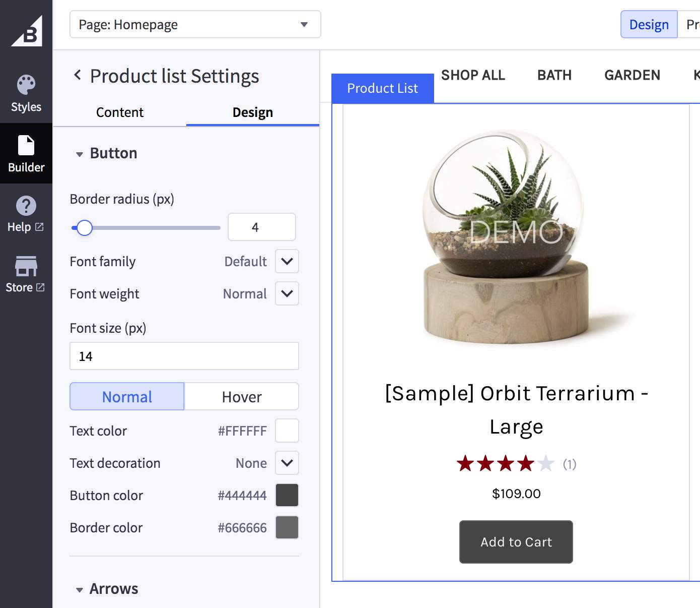 Example of a widget template settings menu, you can see many of the types of setting controls BigCommerce provides. View schema code.
