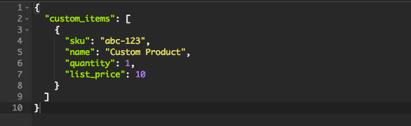 Example request body for adding a custom item to a cart