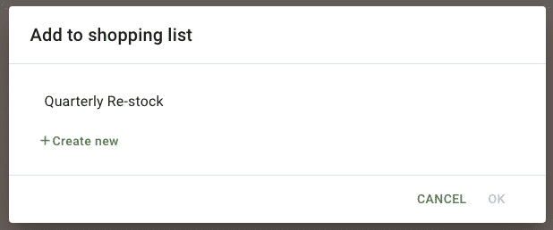 Shopping list selection modal