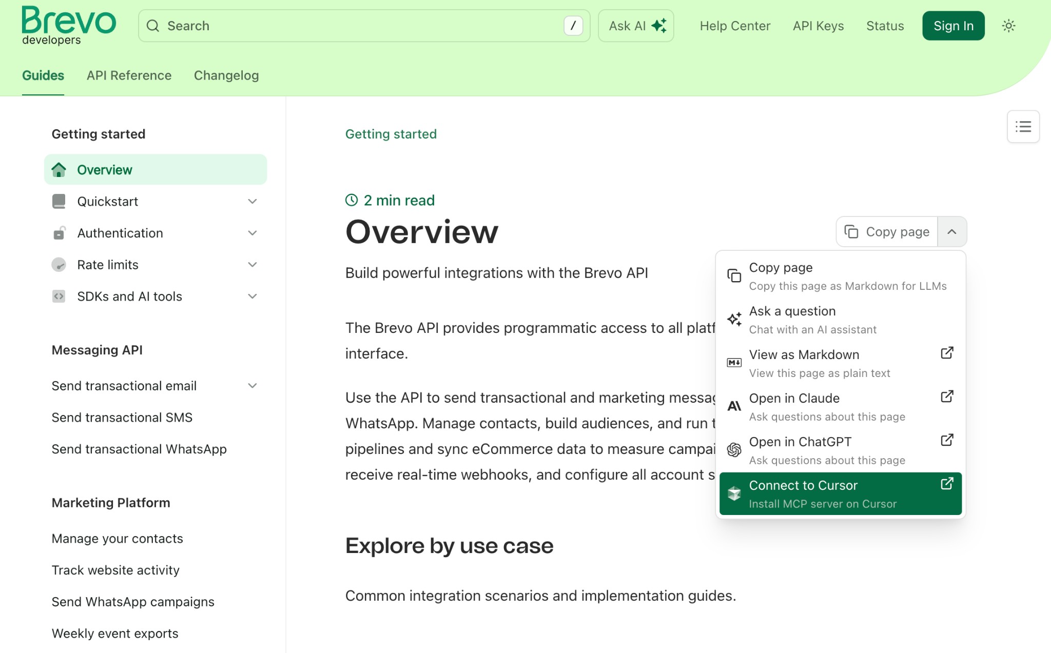 Connect to Cursor option in dropdown menu