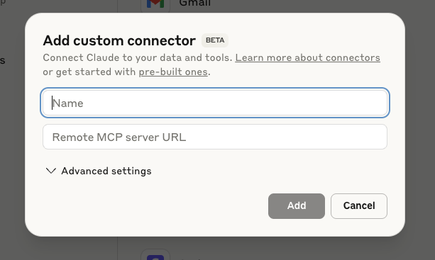 Custom connector configuration window