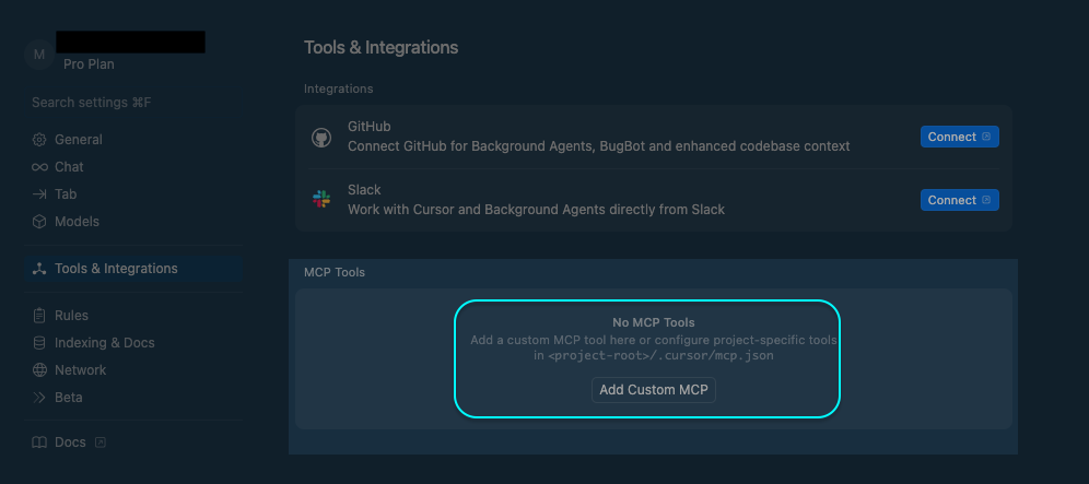 MCP Tools Configuration Panel in Cursor