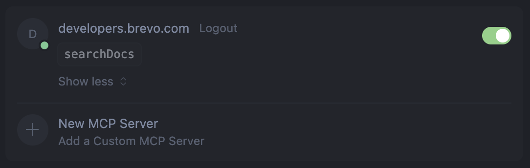 MCP Server settings showing developers.brevo.com toggle switch
