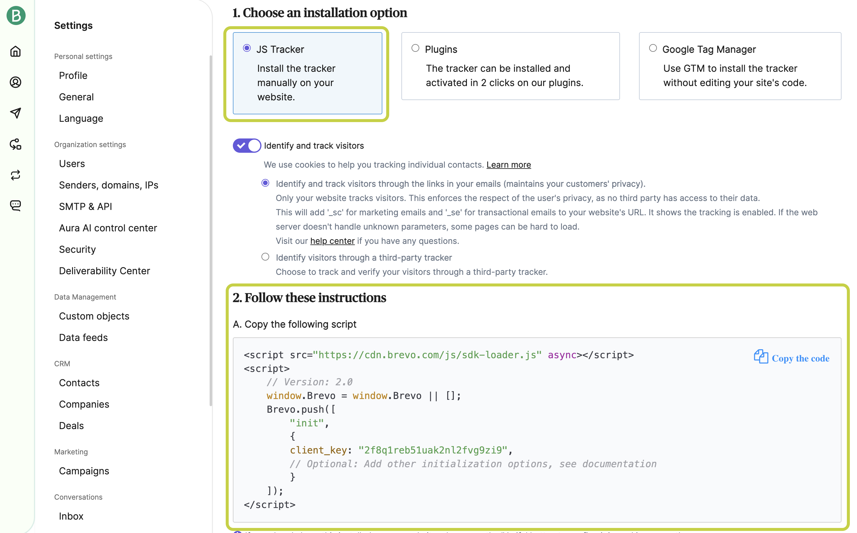 Brevo Tracker installation interface