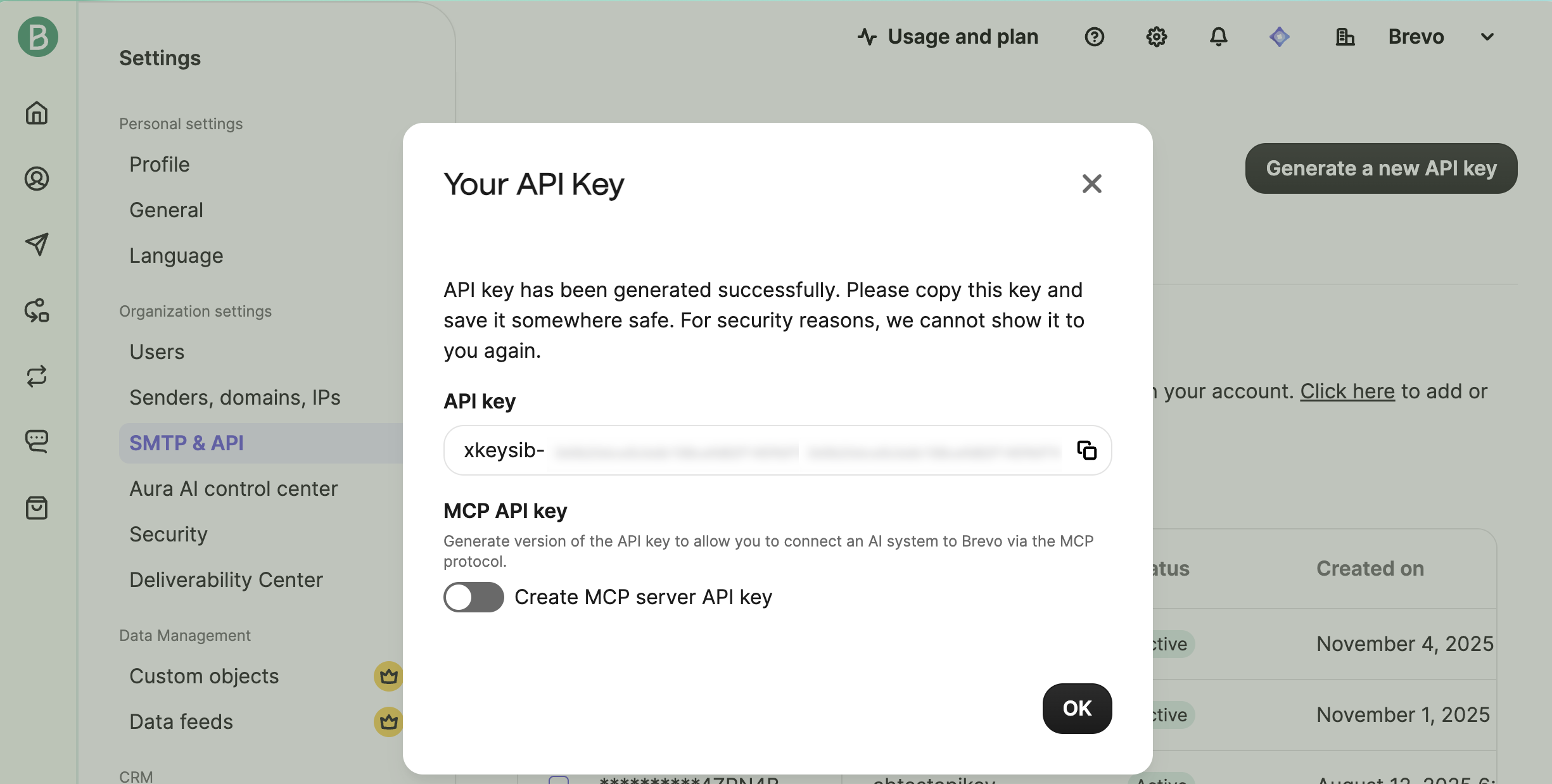 API key generated