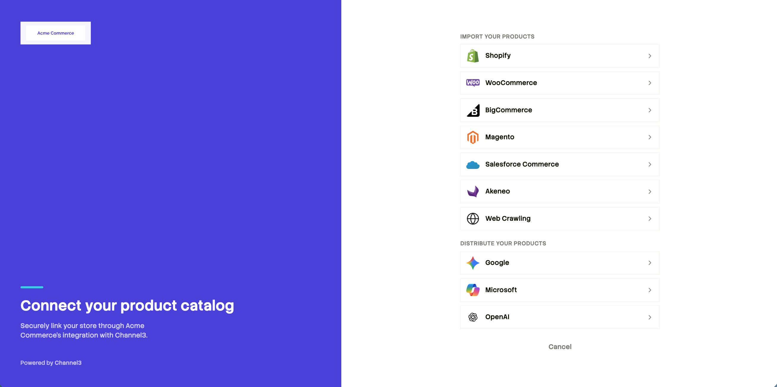 Connect page showing import sources like Shopify and WooCommerce, and distribution destinations like Google, Microsoft, and OpenAI