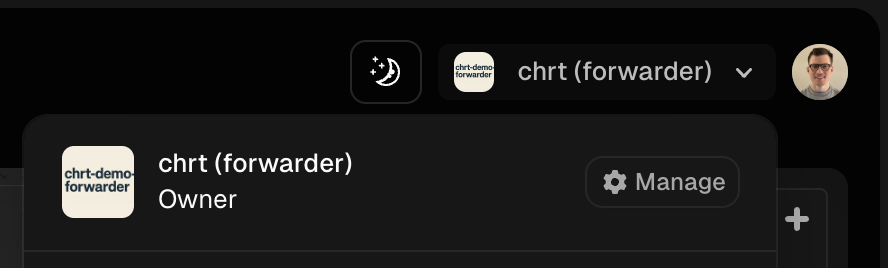 Org selector with Manage button