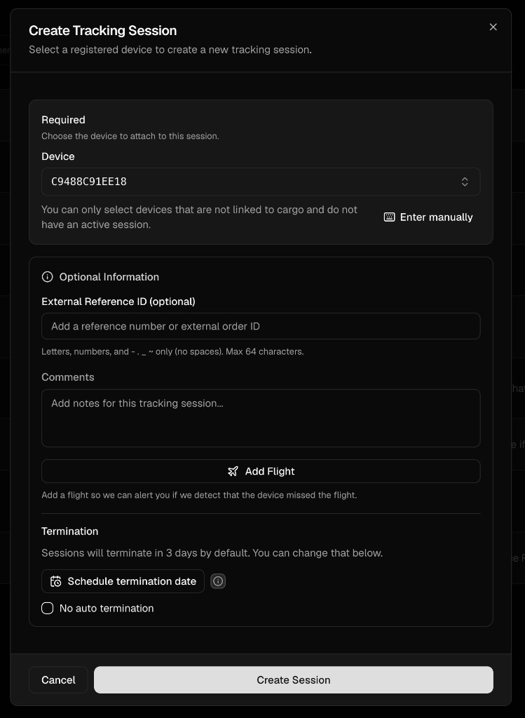 Create Tracking Session modal with termination and optional fields