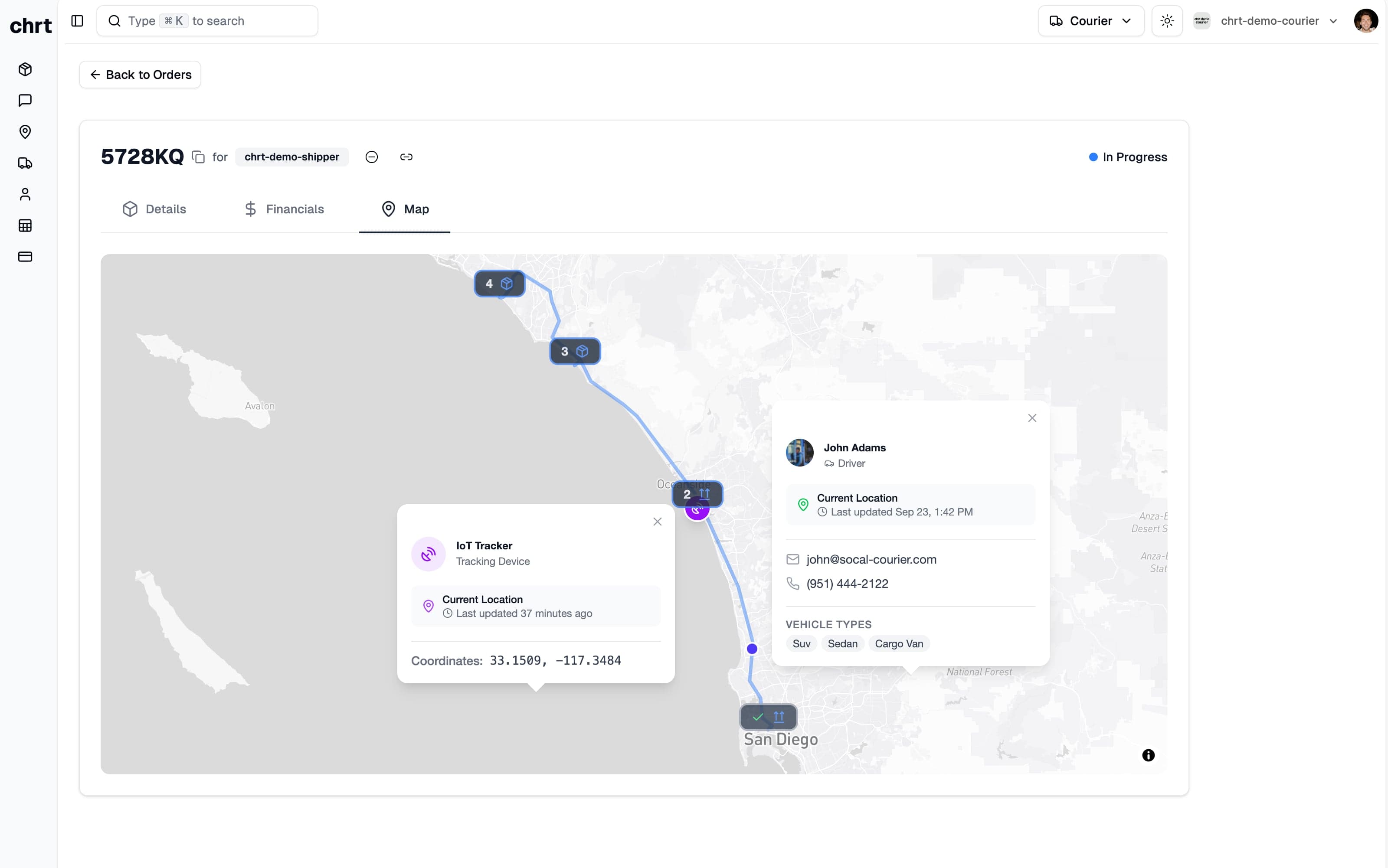 Driver and tracker on map