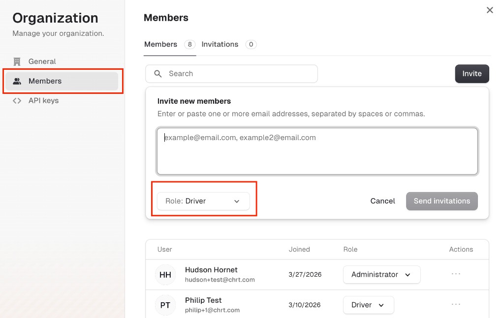 Members tab showing the invitation form with role selector