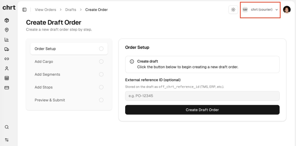 Org selector in the top-right navigation bar