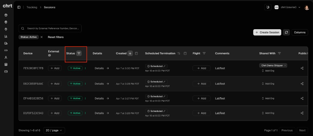 Sessions table with Status filter for Active or Terminated
