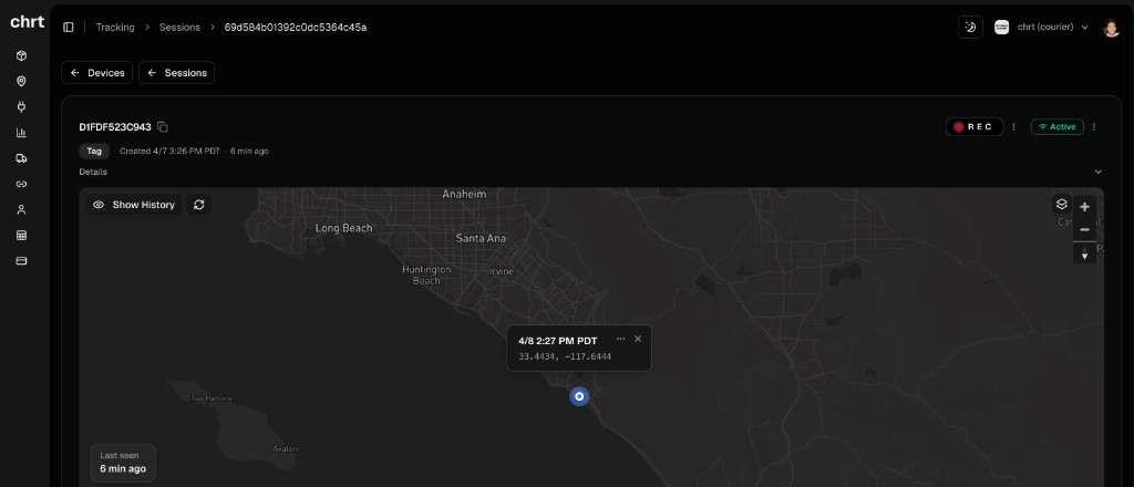 Session details with map, REC and Active controls, and Show History
