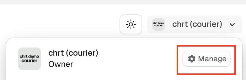 Org dropdown with the Manage button highlighted