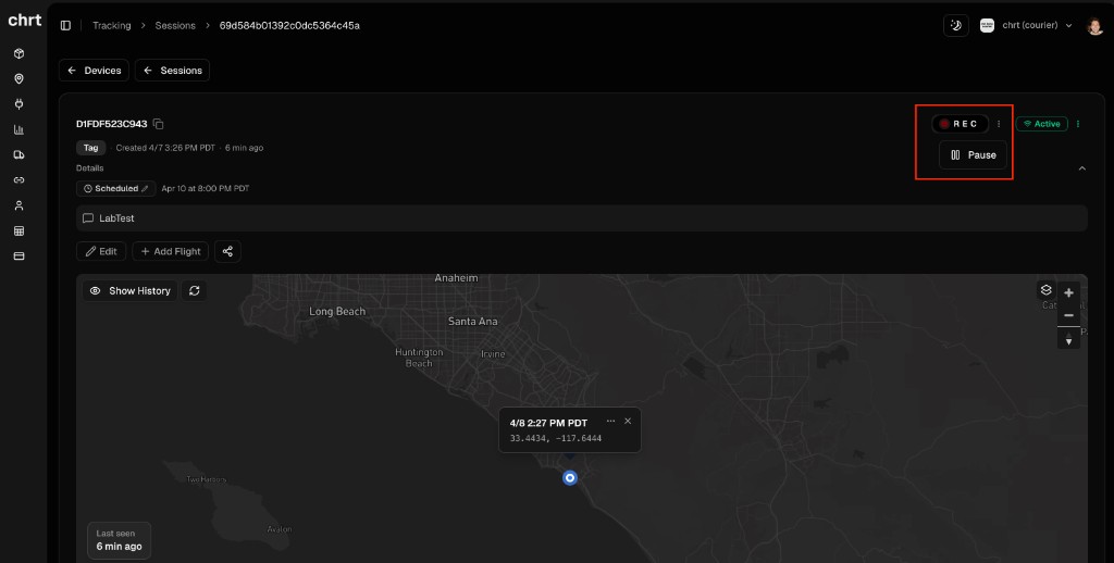 Session header with REC menu open showing Pause