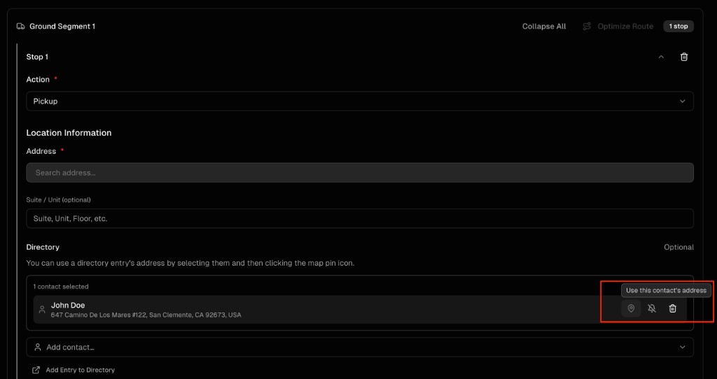 Stop form with directory contact and map pin to use the contact's address