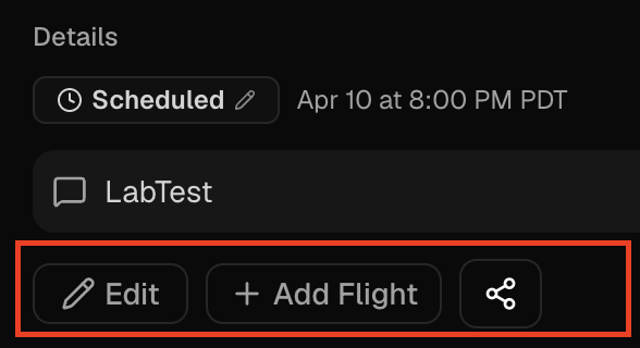 Session Details with Edit, Add Flight, and Share actions