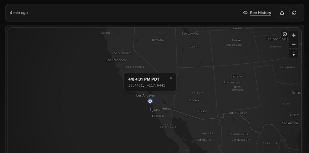 Public tracking map with location marker and See History